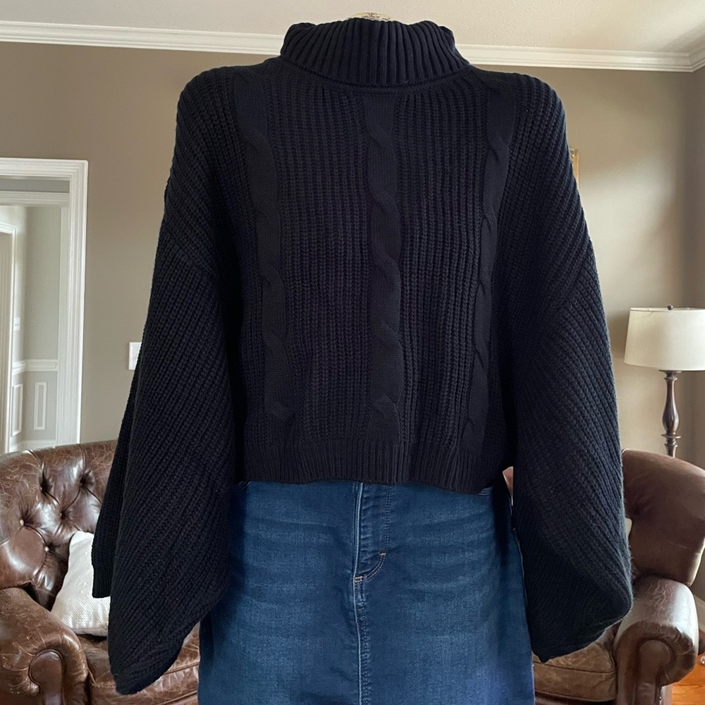 Venus Cropped Cable-knit Black Turtleneck Sweater
